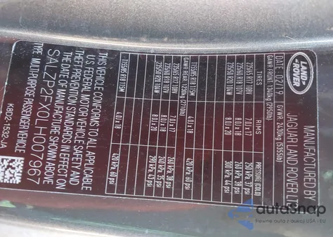 2020 Land Rover Range Rover Evoque Se z USA, uszkodzony, nr VIN SALZP2FX0LH007967